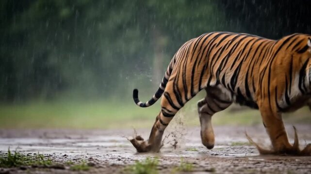 Majestic tiger running through a puddle in a rainy jungle, showcasing its strength and agility in