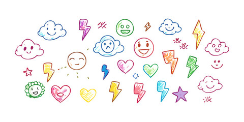 Colorful doodle icons of clouds lightning bolts and smiley faces