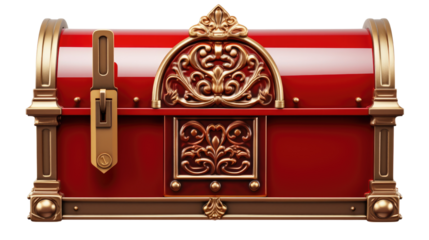 Ornate red treasure chest with golden decorations and lock in vintage antique style isolated on white background