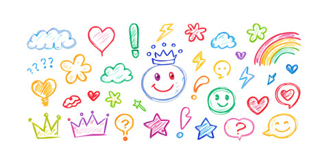 Colorful hand drawn doodles and symbols hearts