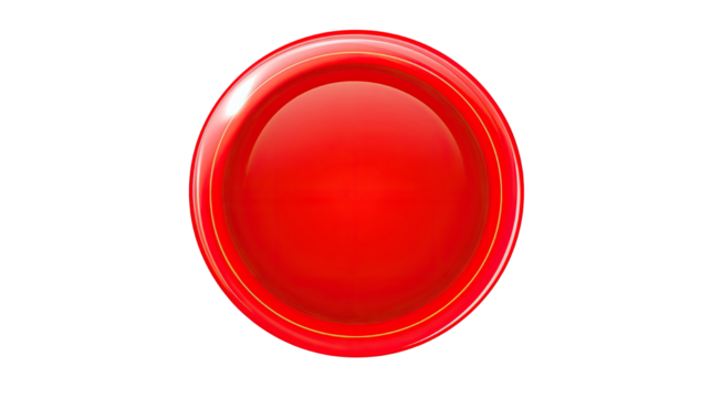 Shiny red round button symbol with glossy surface and circular shape isolated on white background