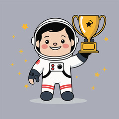 A playful astronaut wearing a space helmet, hugging a large trophy tightly, surrounded by joyful cartoon animals wearing tiny astronaut suits, all celebrating together.