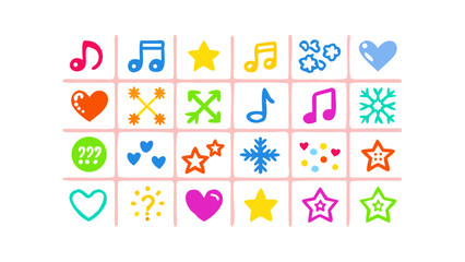 Colorful Hand Drawn Icons music notes hearts