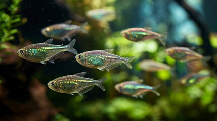 Iridescent fish school in aquarium