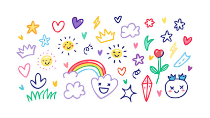 Fun doodle collection with rainbow and sun hearts stars