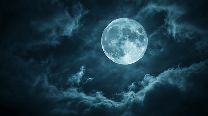 Fototapeta premium Cloudy Sky Over Blue Moon, Nighttime Celestial Landscape, Ethereal, Moonlight Ambiance