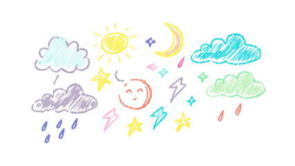 Hand drawn crayon weather icons moon clouds