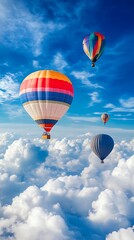 Fototapeta premium Colorful Hot Air Balloons Floating Above White Clouds and a Vibrant Blue Sky