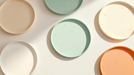 Pastel round trays on cream background flat lay