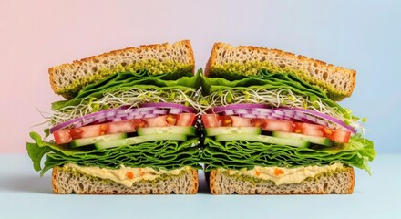 A vibrant vegan sandwich featuring layers of fresh lettuce, juicy tomatoes, crisp cucumbers, and tangy onions, topped with sprouts and avocado spread on whole grain bread, a healthy and delicious meal
