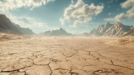 Dry cracked earth desert landscape with mountains under a partly cloudy sky.