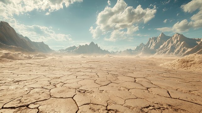 Dry cracked earth desert landscape with mountains under a partly cloudy sky.
