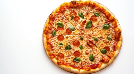 Pepperoni pizza with basil on white background