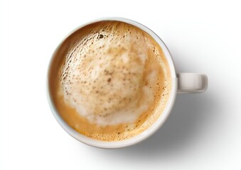 Overhead view of a cup of coffee with a frothy top.  Aromatic, light beige colored, frothy crema sits atop a light brown liquid.  Simple white mug, isolated against a white background