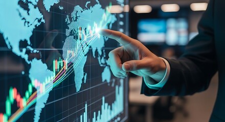 Businessman pointing to a world map with financial data, strategic analysis concept