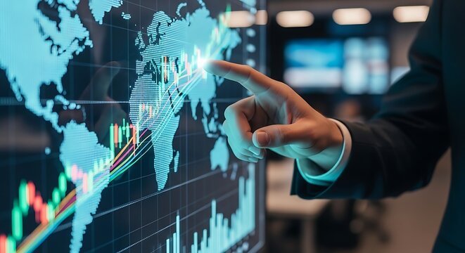 Businessman pointing to a world map with financial data, strategic analysis concept