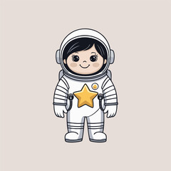 An adorable astronaut with a bright, glowing star perched on their head like a hat, surrounded by cheerful cartoon animals, all sharing a moment of wonder in space.