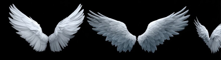 Three pairs of detailed white angel wings against a black background
