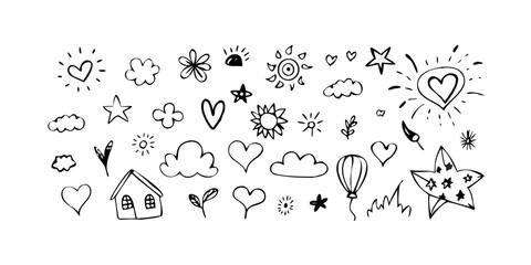 Whimsical doodle elements hand drawn hearts
