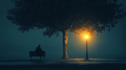 A solitary figure sits on a park bench beneath a tree, illuminated by a street lamp on a foggy night