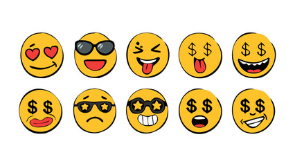 Fototapeta premium Yellow faces with various expressions emoji happy