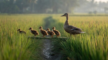 Mother duck leading ducklings through field