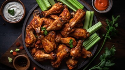 Crispy chicken wings with celery and dipping sauces