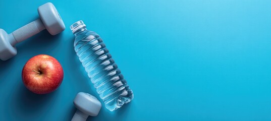 Workout essentials Dumbbells, apple, and water bottle on a vibrant blue background