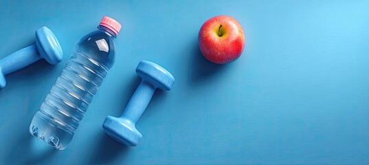Fitness essentials  water bottle, dumbbells, and apple