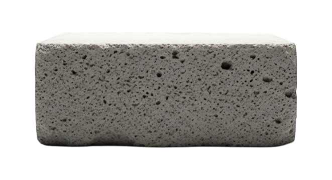 Porous gray block with soft edges, lit from above, on black background
