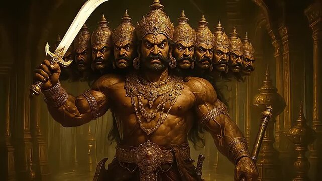 Ravana, the demon king with ten heads. Powerful Multi-Headed Mythological King with Sword and Mace in Grand Palace