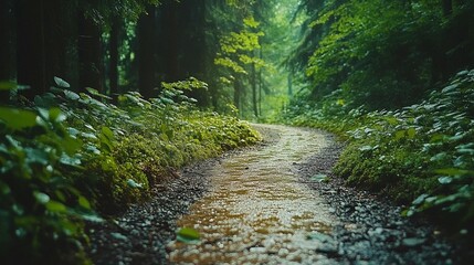 Obraz premium A wet forest path winds through lush greenery. Sunlight filters through the trees