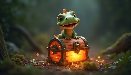 Cute Cartoon Dino Guarding Sparkling Treasure With Bright Cheerful Smile