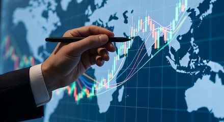Analyst pointing at financial data with stock market trends and global business strategy