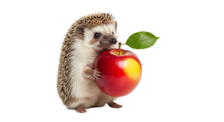 Charming hedgehog clutching a vibrant red apple on a clean white background adding an adorable touch to any design or creative project