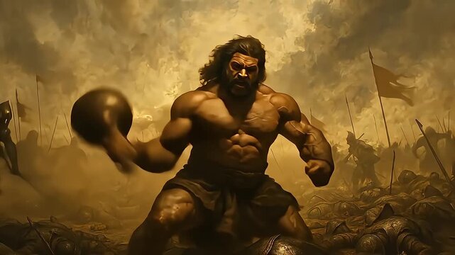 Bhima, the powerful warrior, in a battlefield. Mighty Warrior in Epic Battle, Wielding Heavy Weapon Amidst Fallen Foes and War Chaos