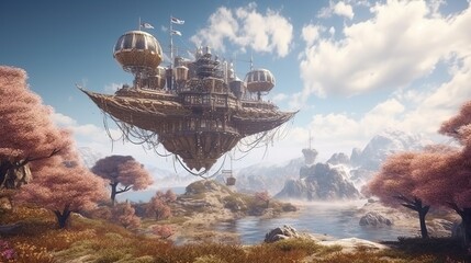 Obraz premium Floating steampunk city nestled in a valley