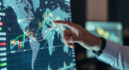 Analyzing global market trends with finger pointing at stock data on modern digital display