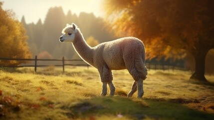Fototapeta premium Fluffy alpaca in a golden autumn field