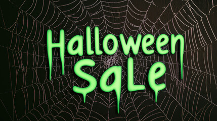 Halloween sale promotion spooky web background, neon green text, blackboard backdrop, eerie vibe support playful discount theme without fear