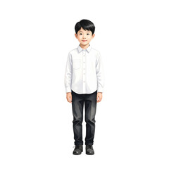 Smiling Asian Boy in White Shirt and Black Pants Standing.