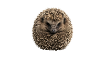 Isolated hedgehog curling into a defensive ball revealing its distinctive spiky coat and diminutive features against a blank canvas background