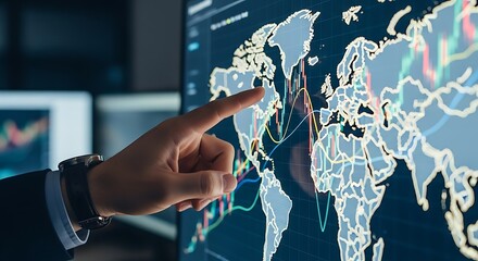 Analyst pointing to global financial data on screen, analyzing market trends, business strategy