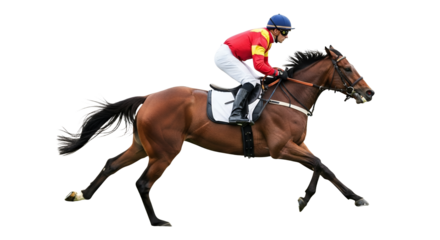 Energetic racehorse and jockey galloping at full speed, a showcase of strength and synergy against a clean background capturing athleticism