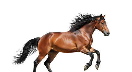 Obraz premium Majestic brown horse galloping gracefully, showcasing power and agility against a bright background, emphasizing its beauty and dynamic motion,