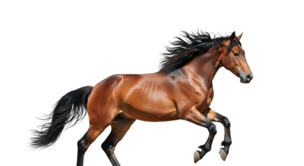 Majestic brown horse galloping gracefully, showcasing power and agility against a bright background, emphasizing its beauty and dynamic motion,