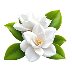 Two magnolia blossoms and leaves in a detailed, 3d illustration isolated on a transparent background.