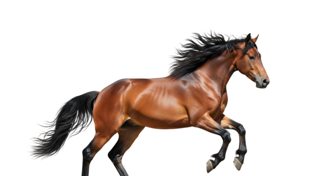 Majestic brown horse galloping gracefully, showcasing power and agility against a bright background, emphasizing its beauty and dynamic motion,