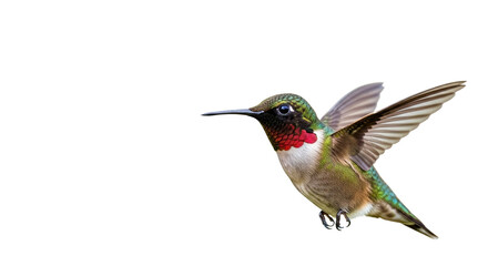Obraz premium Brilliant iridescent hummingbird with outstretched wings, displaying unique plumage and color, on a stark white setting, ideal for graphic overlay