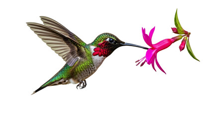 Obraz premium Hummingbird marvel with fuchsia flower showcasing hovering, delicate wings and vibrant coloration, reflecting nature's artistry and aerial agility